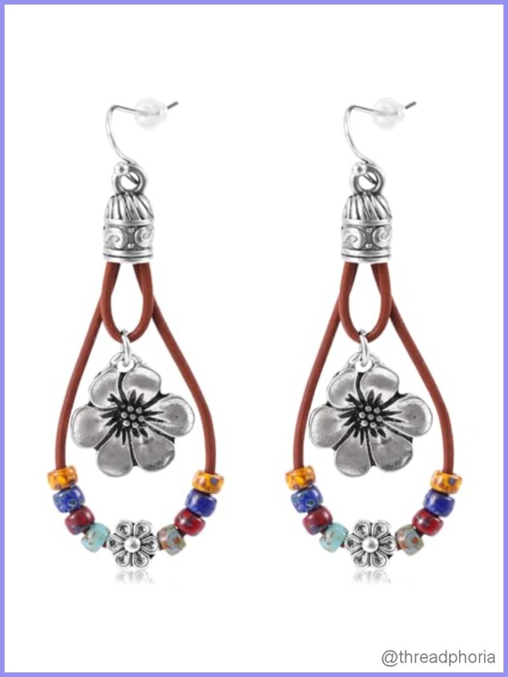 Bohemian Western Leather Dangle Drop Earrings Flower Design